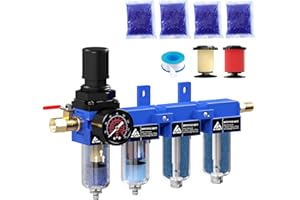 ATINY 1/4'' NPT Compressed Air Dryer, 4 Stage Air Drying System,Brass Filter, Coalescing Filter,Double Desiccant Dryers & Air Regulator,Metal Bowl, Semi-Auto Drain,Industrial Grade-Blue