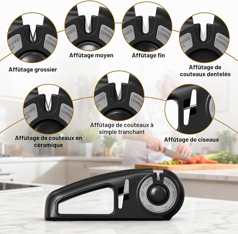 Aiguiseur Couteaux 7 en 1, Affuteur de Couteaux Professionnel Eguiseur de Couteau Knife Sharpener pour Couteaux à Découper,Couteaux Dentelés,Couteaux en Céramique et Ciseaux Cuisine (Noir)