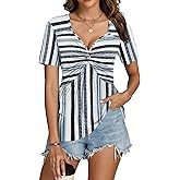 ETCYY Summer Tops for Women Trendy Front Knotted V-Neck Short Sleeve T Shirts Baby Doll Ladies Tunic Top Loose Casual Blouses