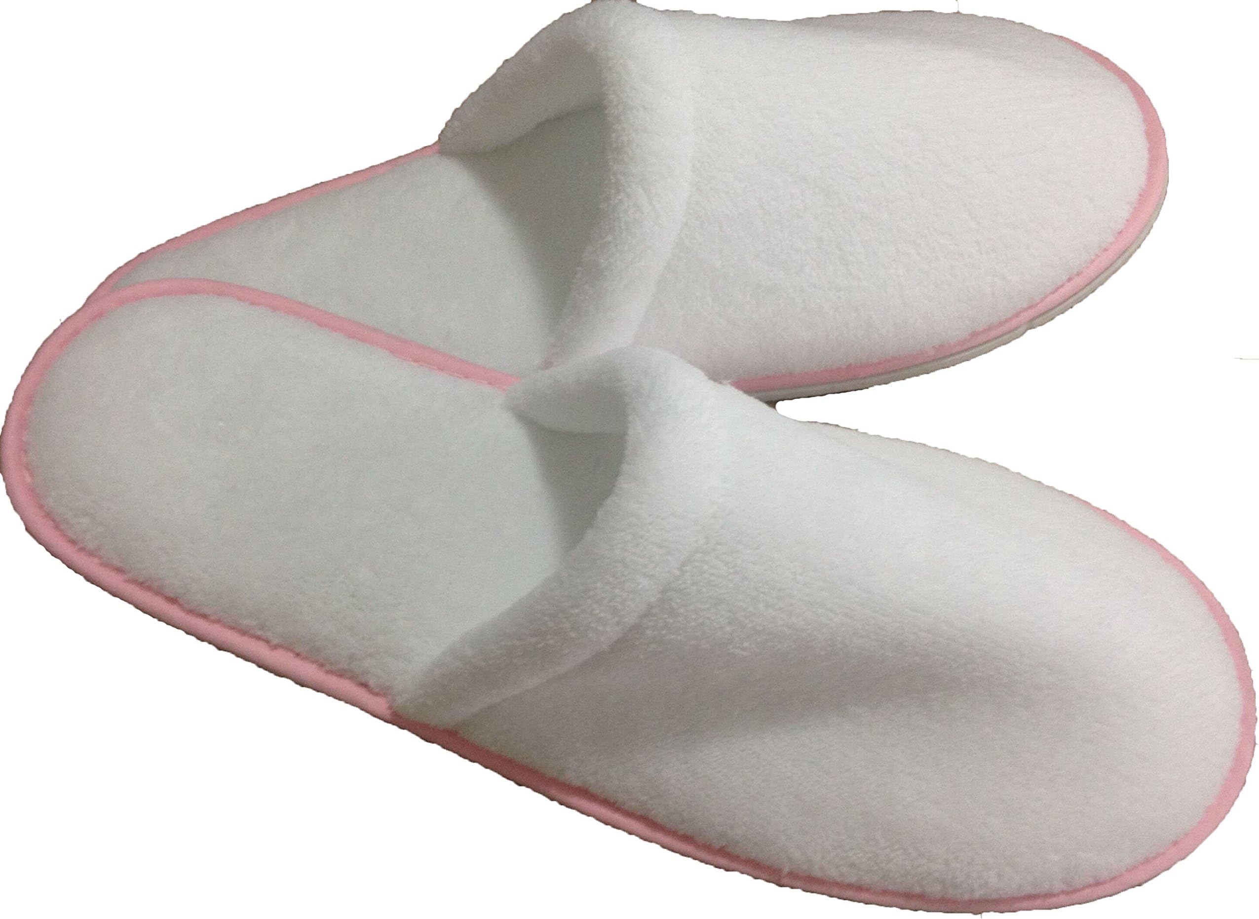 5 PAIR WOMENS SUPERSOFT CORAL FLEECE WHITE HOTEL SLIPPERS WITH PINK PIPING SIZE 29CM