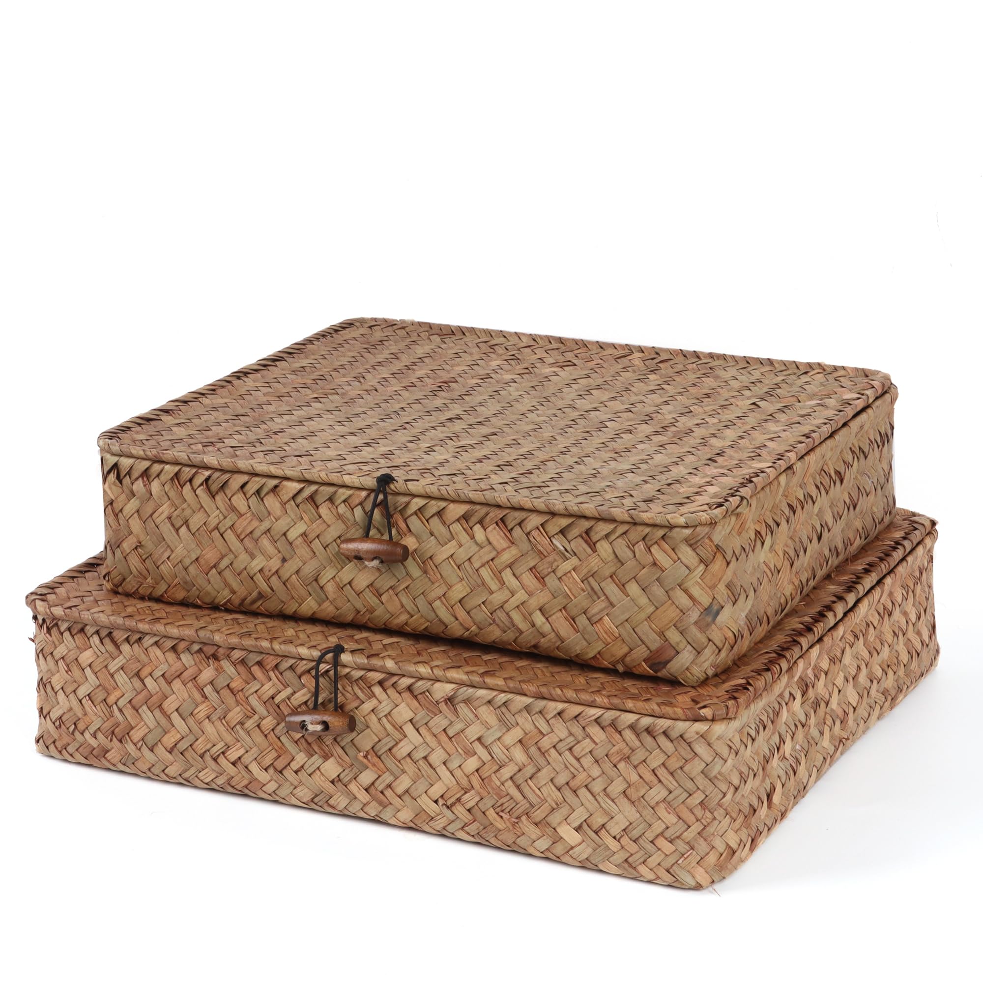 Photo 1 of Moosky Flat Wicker Shelf Baskets with Lid, Handwoven Seagrass Basket Boxes for Storage Baskets Bins Home Decor Organizer (Coffee Set of 2)