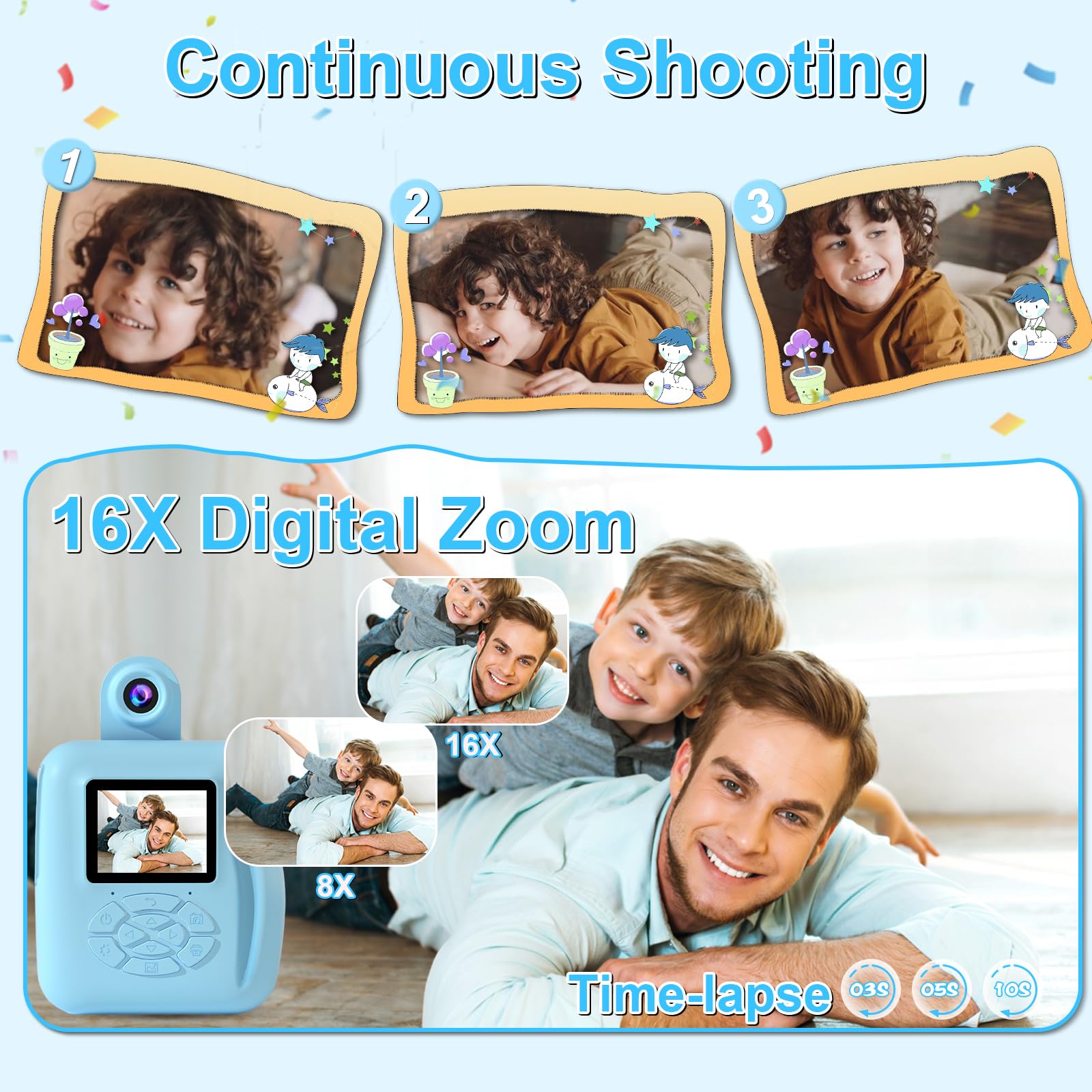 GKTZ Kids Camera Instant Print - 1080P HD 0 Ink Photo Christmas Birthday Gifts for Age 3-8 Girls Boys Portable Toy with 3 Rolls Paper, 5 Color Pens, 32GB Card Blue, PB210-32G