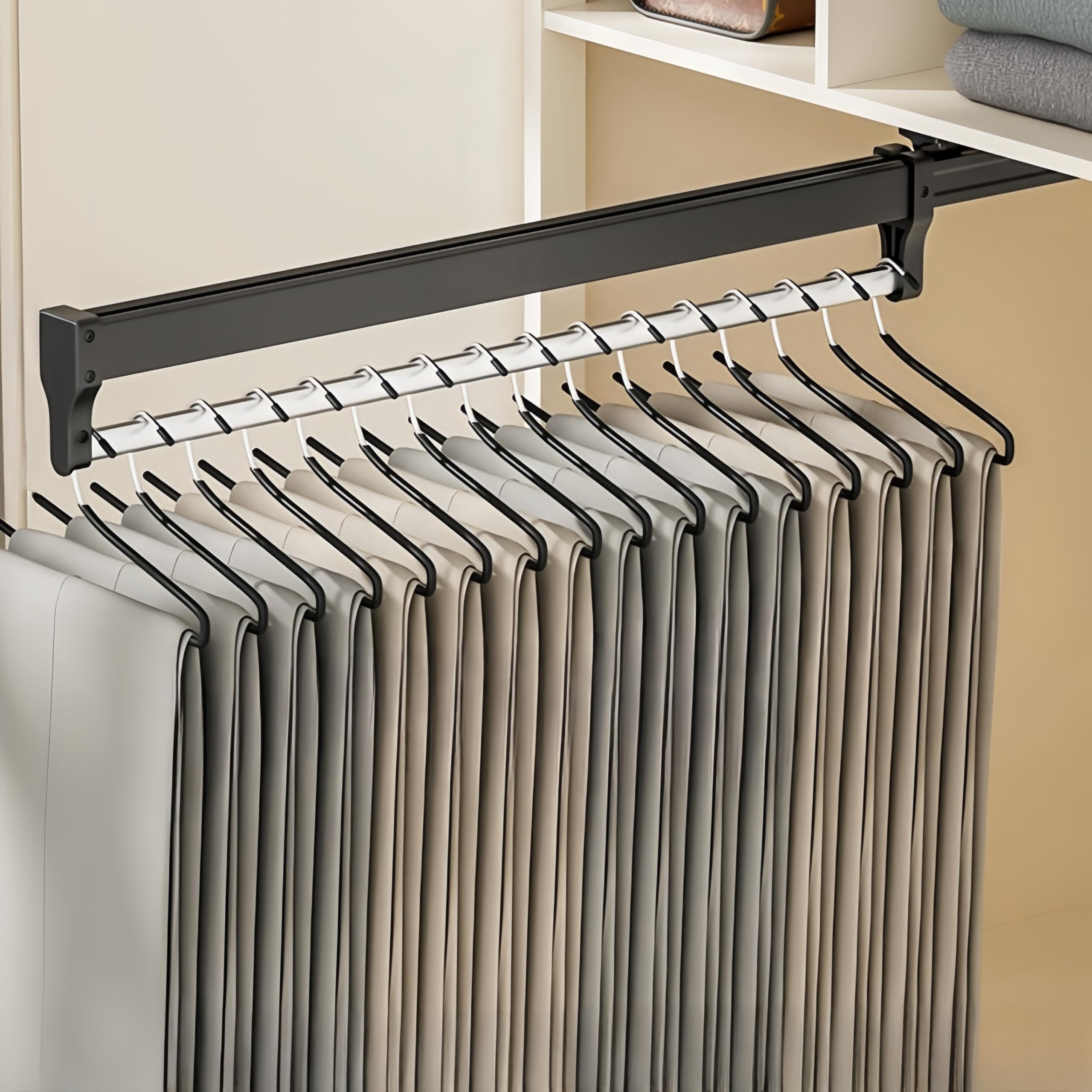 ANXJLEO Pull Out Clothes Hanger Rail Rack, Trouser Hangers,Pants Rack,Extendable Pants Holder,Space Savers,Stainless Steel for Clothes Hangers Organiser Wardrobe Rail,Black,60 cm(600mm), 658533570101