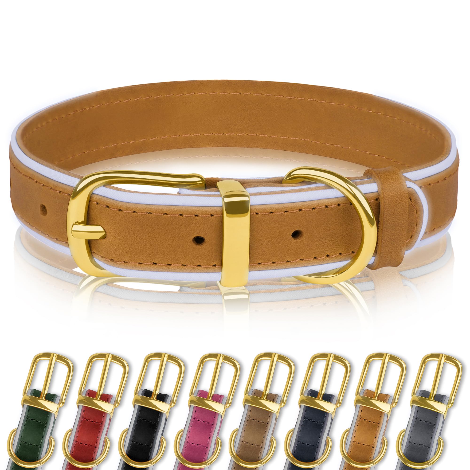 OOPSDOGGY Reflective Geniune Leather Dog Collar Soft Padded Collars for Small Medium Large Breed Dogs Puppy, 4 Sizes, 8 Colors (Camel, 12"-15")