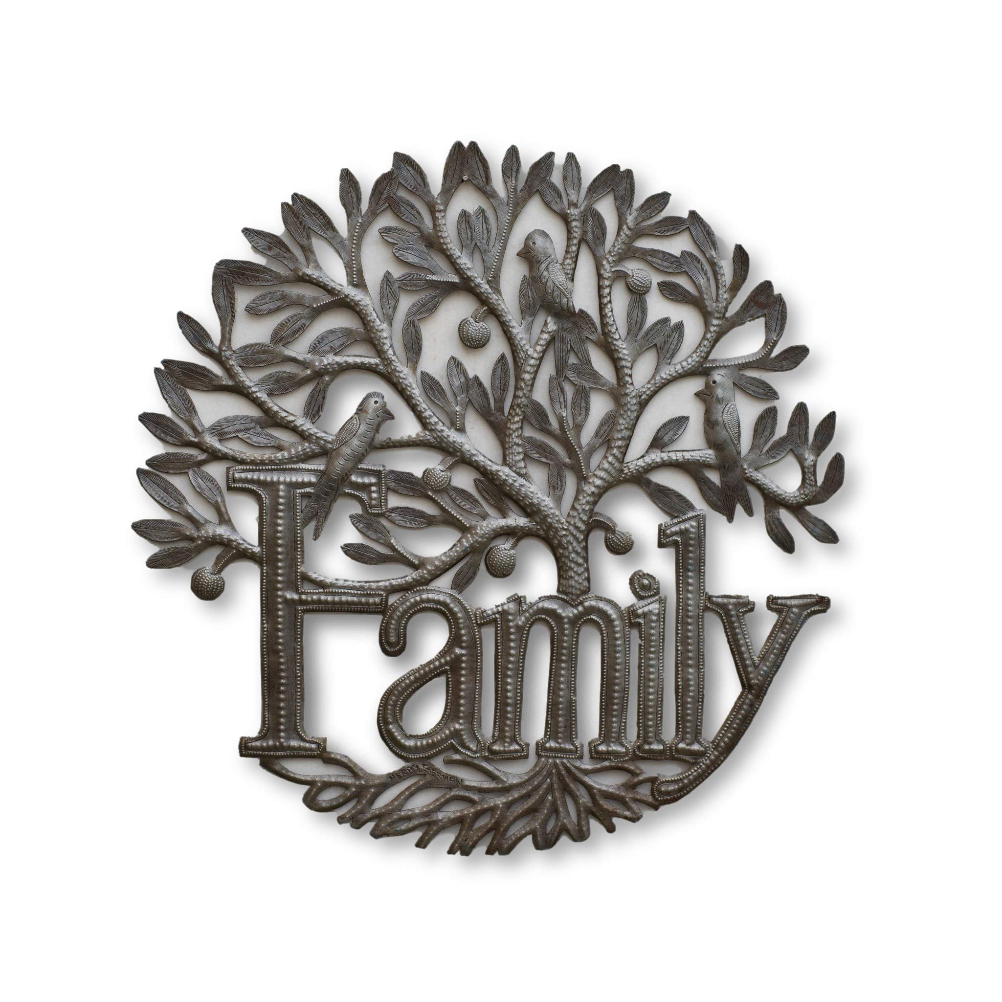 Family Tree Wall Hanging Metal Plaque, Decorative Handmade Tree of Life, Indoor and Outdoor Home Decorations, Handcrafted in Haiti, 17.5 x 17.5 Inches