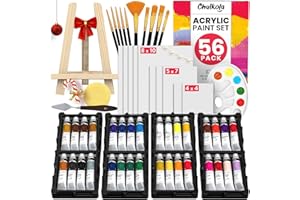 Chalkola Acrylic Paint Set for Adults & Kids - 56 Pcs Canvas Painting Kit with 32 Paints (22ml), 10 Brushes, 10 Canvases, Tabletop Easel, Palette, Knife - Professional Craft & Art Painting Supplies