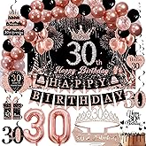Rose Gold 30th Birthday Decorations for Women - Backdrop, Sparkle Crown Sash, Happy 30th Birthday Banner, Cake Topper, 30 Number Balloons & Hanging Swirl Decorations - 70pcs