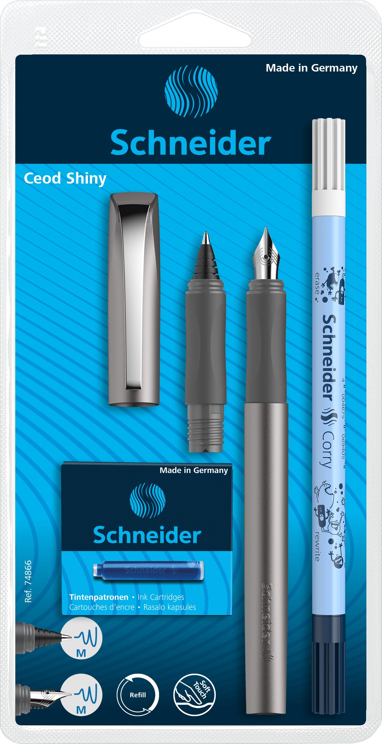 Schneider Ceod Shiny 74866 Writing Set with Fountain Pen, Rollerball Pen, Ink Killer (Right and Left-Handed Users, M Nib, Includes Royal Blue Inks) Graphite