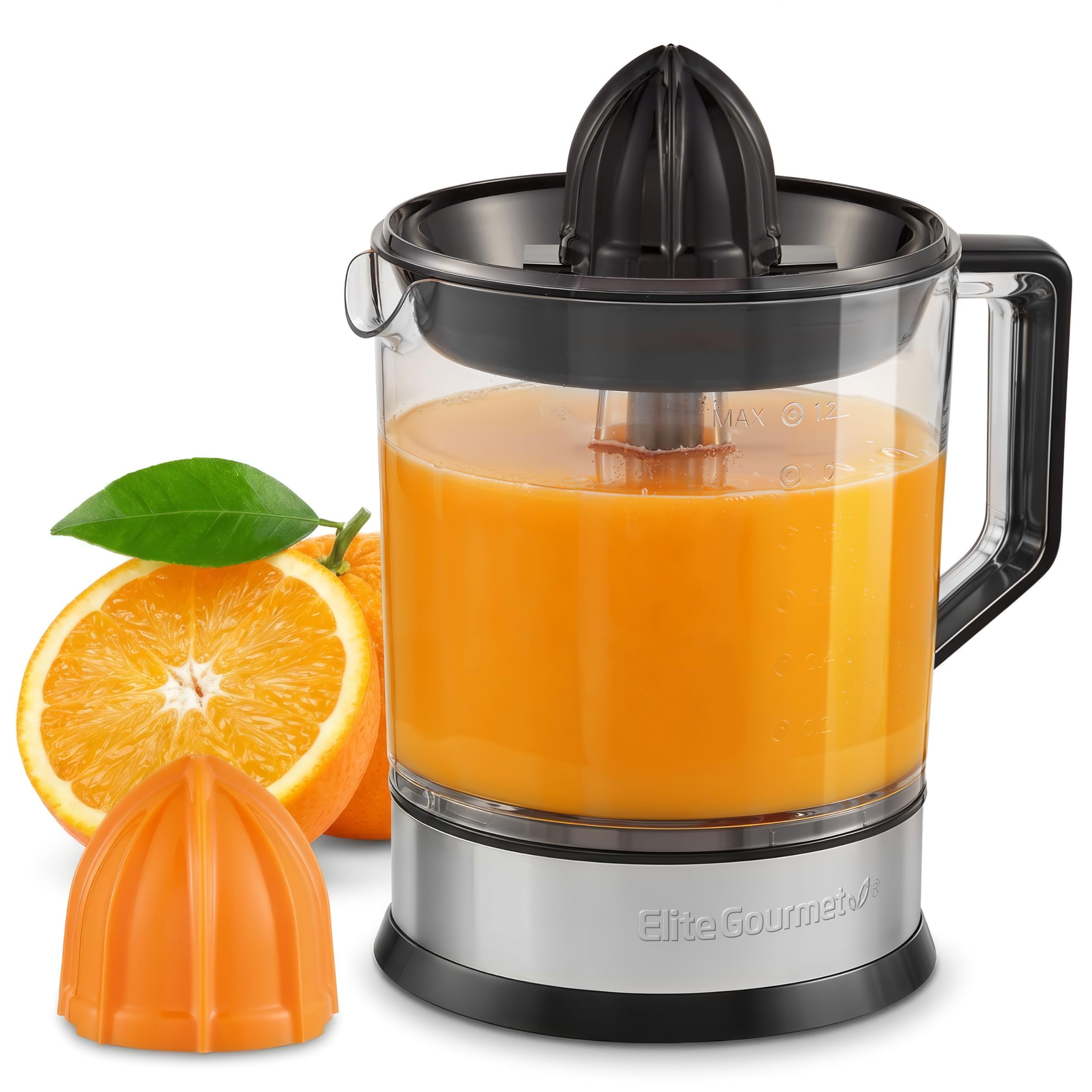 Photo 1 of Elite Gourmet ETS740 BPA-Free 40-Watt Electric Citrus Juicer with 2 Cones, Compact, Large Volume, Pulp Control, Oranges, Lemons, Limes, Grapefruits with Easy Pour Spout, 1.2L, Black/Stainless Steel