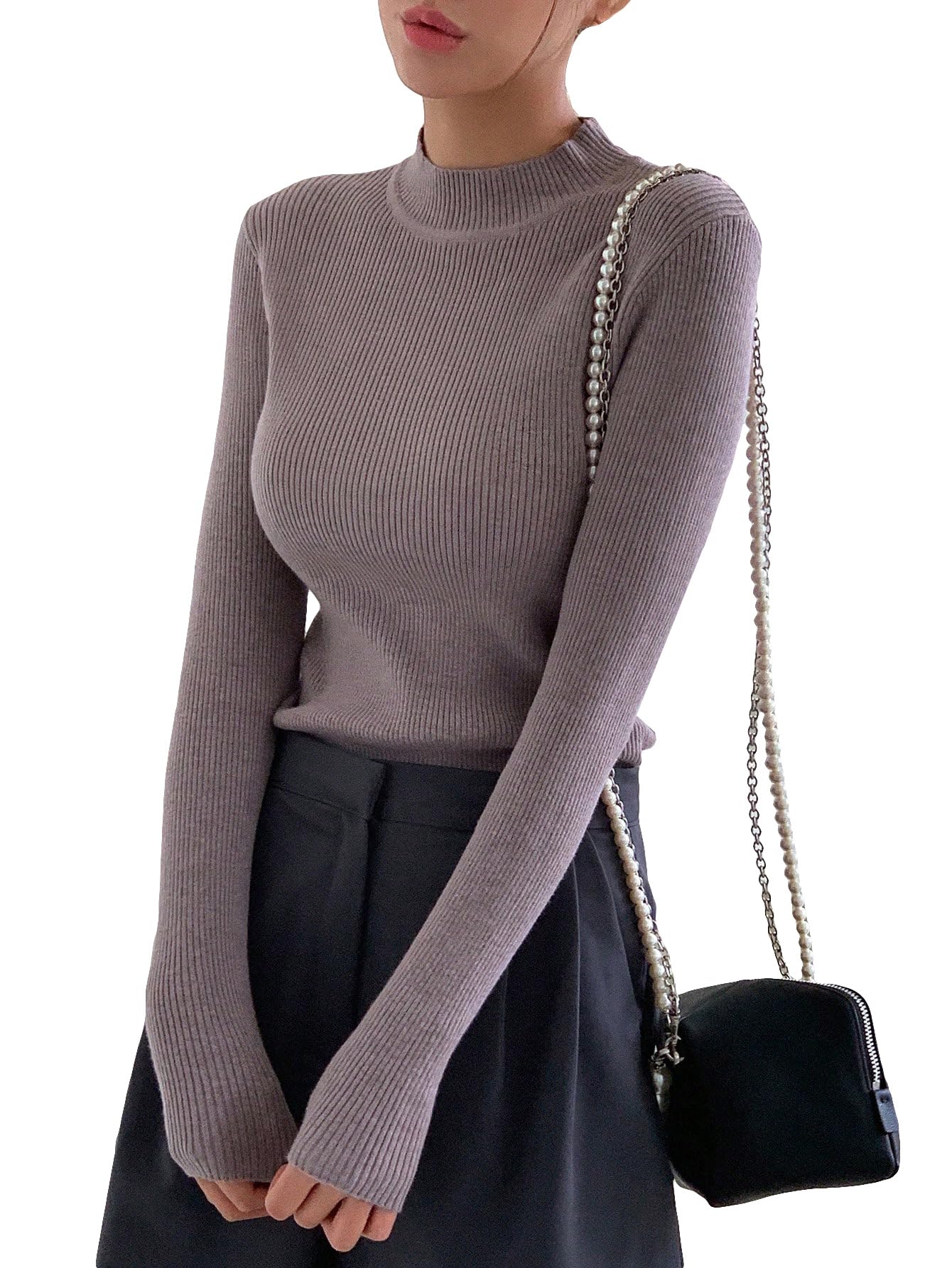 Photo 1 of SweatyRocks Women's Mock Neck Long Sleeve Striped Sweater Color Block Slim Fit Pullover Knit Top Sweaters Purple Small