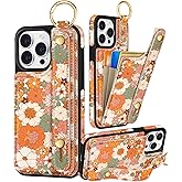 Petitian for iPhone 15 Pro Max Case with Wallet - Women Girls Cute Girly Aesthetic Unique Design with Leather Credit Card Holder Cardholder Stand Wristband for Apple 15 Promax, Orange Floral