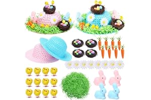 Silicherry Easter Bonnet Kit Easter DIY Craft Set with Straw Hats Kids Make Your Own Bonnet Hat Chicks Bunnies Carrots Eggs Nests Grass Flowers Decoration Children Birthday Gifts