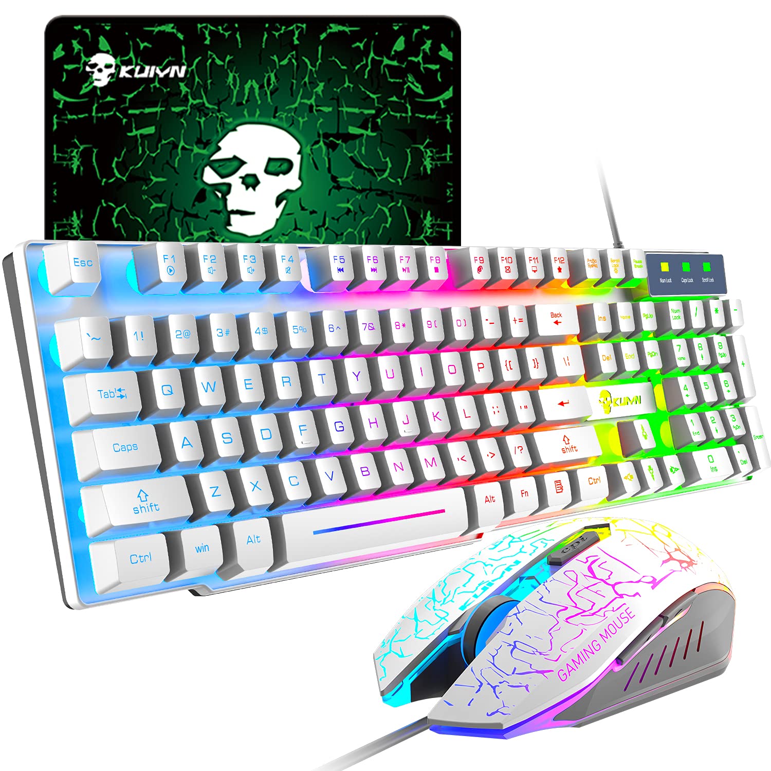 UrChoiceLtd MeiYing T6 Rainbow Backlit Ergonomic Usb Gaming Keyboard + 2400DPI 6 Buttons Optical Rainbow LED Usb Gaming Mouse + FREE Gaming Mouse Pads 220*180*5mm Standard Size (Luminous Key, White)