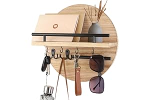 Gurfuy Key Holder for Wall with Shelf - Wood Mail Organizer and Rack with Shelf Hooks Wall Mounted for Entryway Decor Magazines Letter Storage Farmhouse Living Room Bedroom Doorway (Nature)