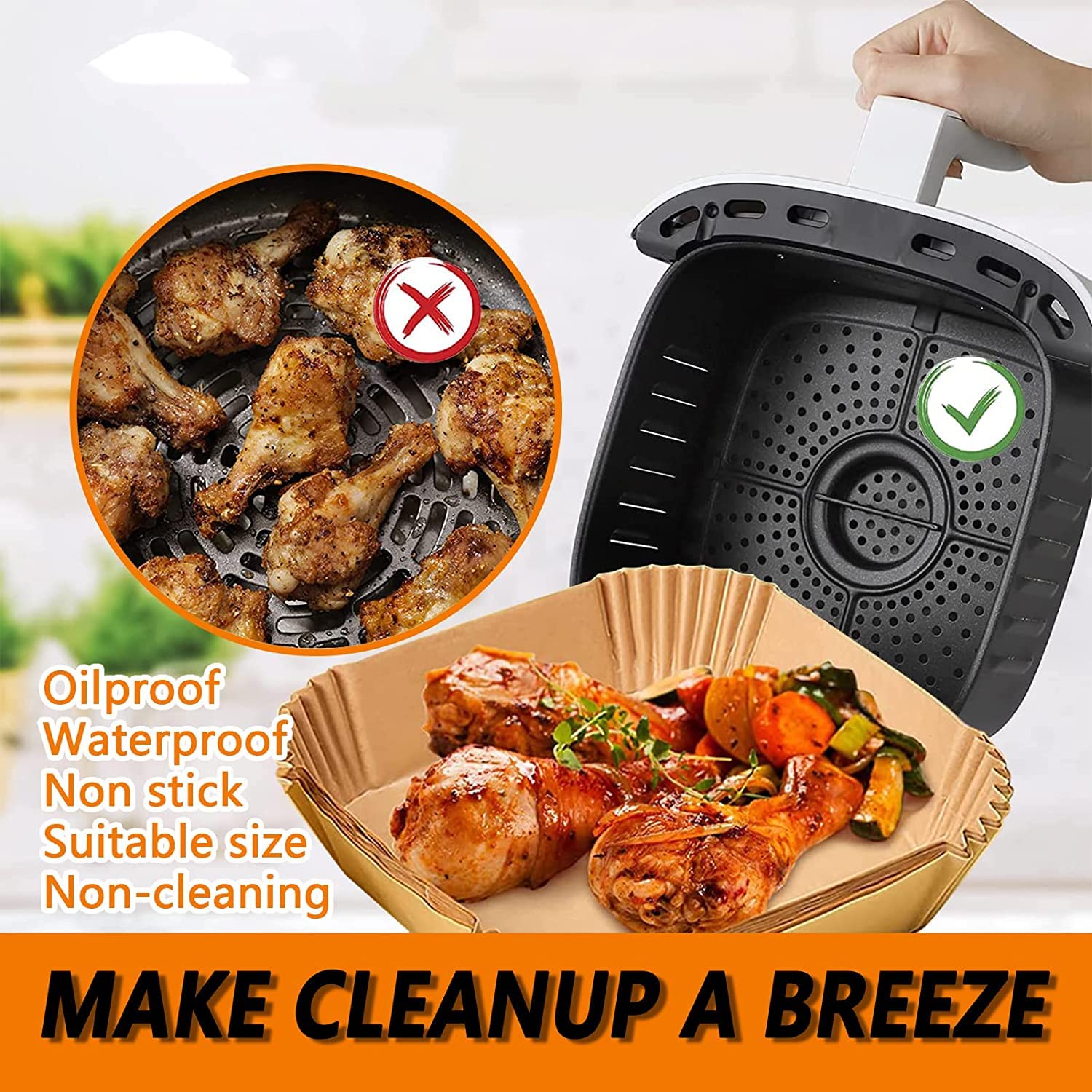 Air Fryer Disposable Paper Liner Square, 10 Inch Large Air Fryer Paper Liner 100PCS, Non-stick Parchment Paper Pads Oil Resistant, Waterproof, Food Grade Baking Paper for Roasting Microwave