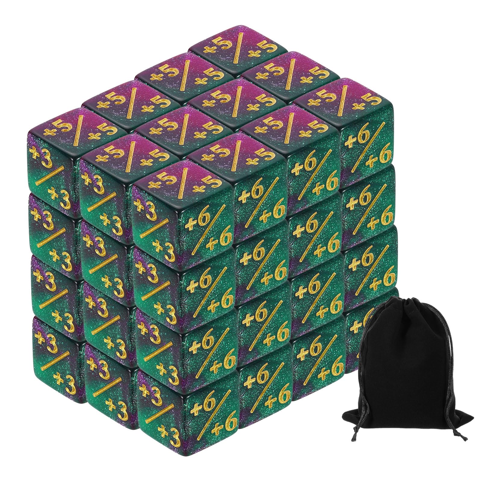 sourcing map 48Pcs Magic Dice Counters, Acrylic D6 Life Token Dice Set with Pouch for Standard Cards Gaming Accessories, Green & Purple