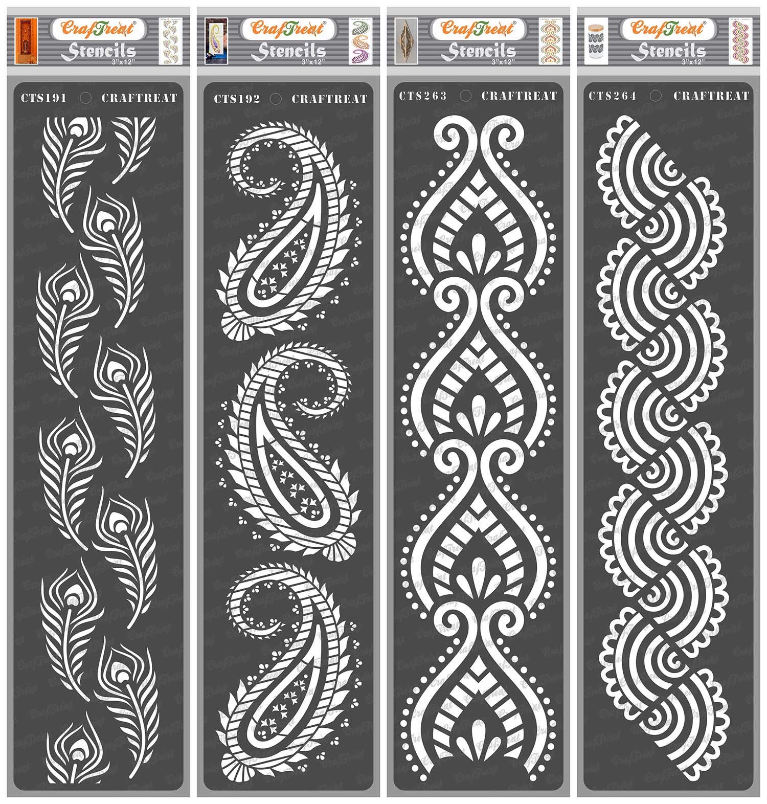 CrafTreat Reusable Paisley Stencils for Painting on Wood, Paper, Floor and Wall - Peacock Feathers Border, Paisley Border, Border VII and Border VIII - 4 Pcs - 3x12 Inches Each - DIY Craft Stencils