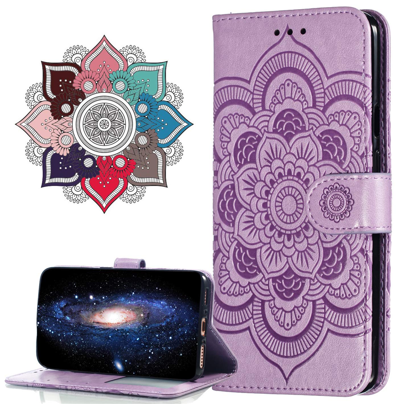MRSTER Flip Case for Moto G9 Plus PU Leather Wallet Closure Embossed Shockproof Cover with Kickstand Card Slots Holder for Motorola Moto G9 Plus. LD Mandala Purple