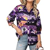 Womens 3/4 Sleeve Hawaiian Shirts Button Down Floral Printed Casual Holiday T-Shirt V Neck Collar Trendy Boho Blouses Tops