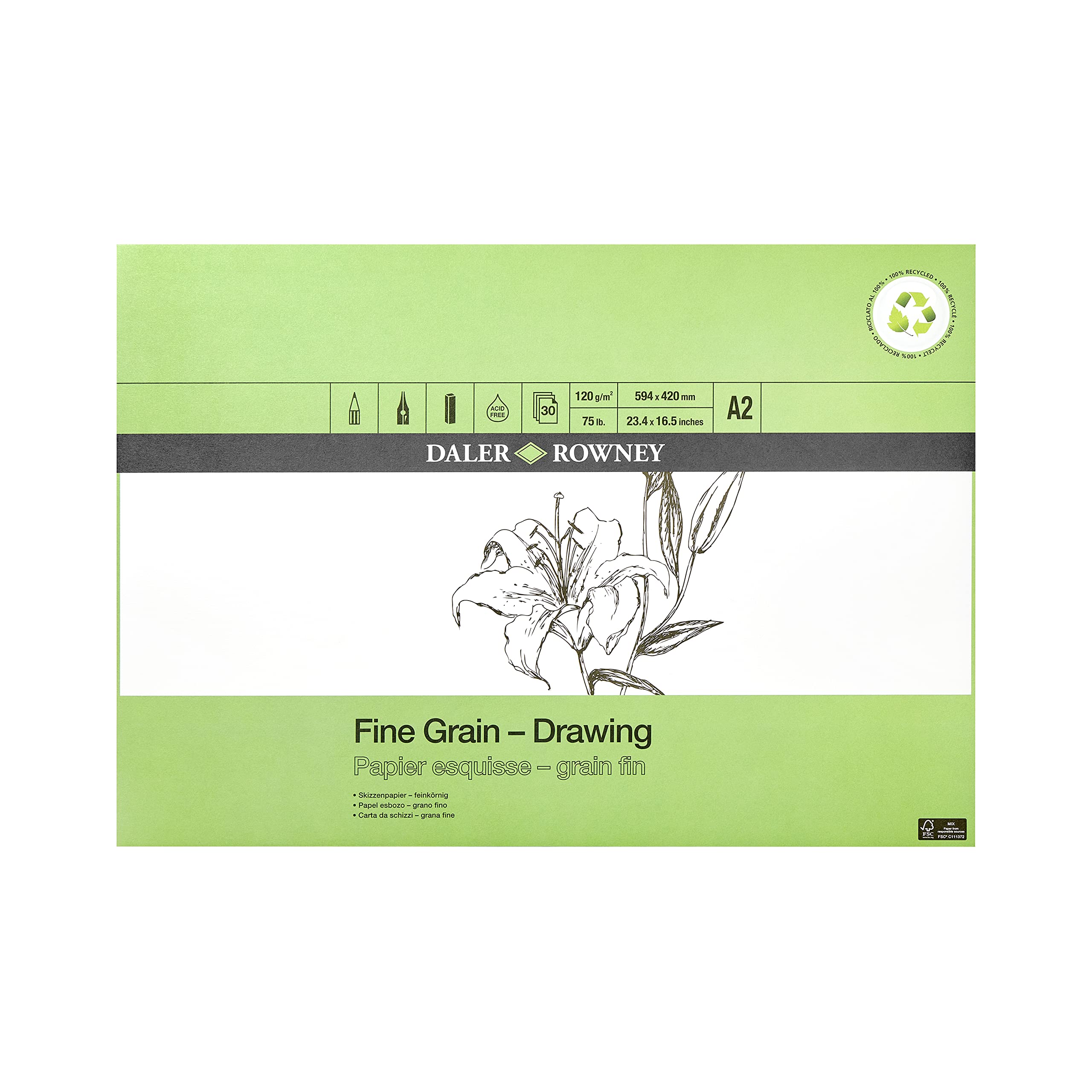 Daler-Rowney Eco Fine Grain Lightly Textured 120gsm A2 Drawing Paper Pad, Glued 1 Side, Acid-free, 30 White Sheets, Ideal for Professional Artists & Students