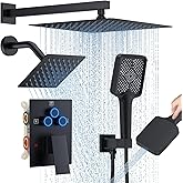 Shower Faucet Set, 12" Wall Mount Rainfall Shower System with 2 Rain Shower Head and Multi-function Handheld Head Push Button Diverter Shower Faucet Trim Kit Matte Black