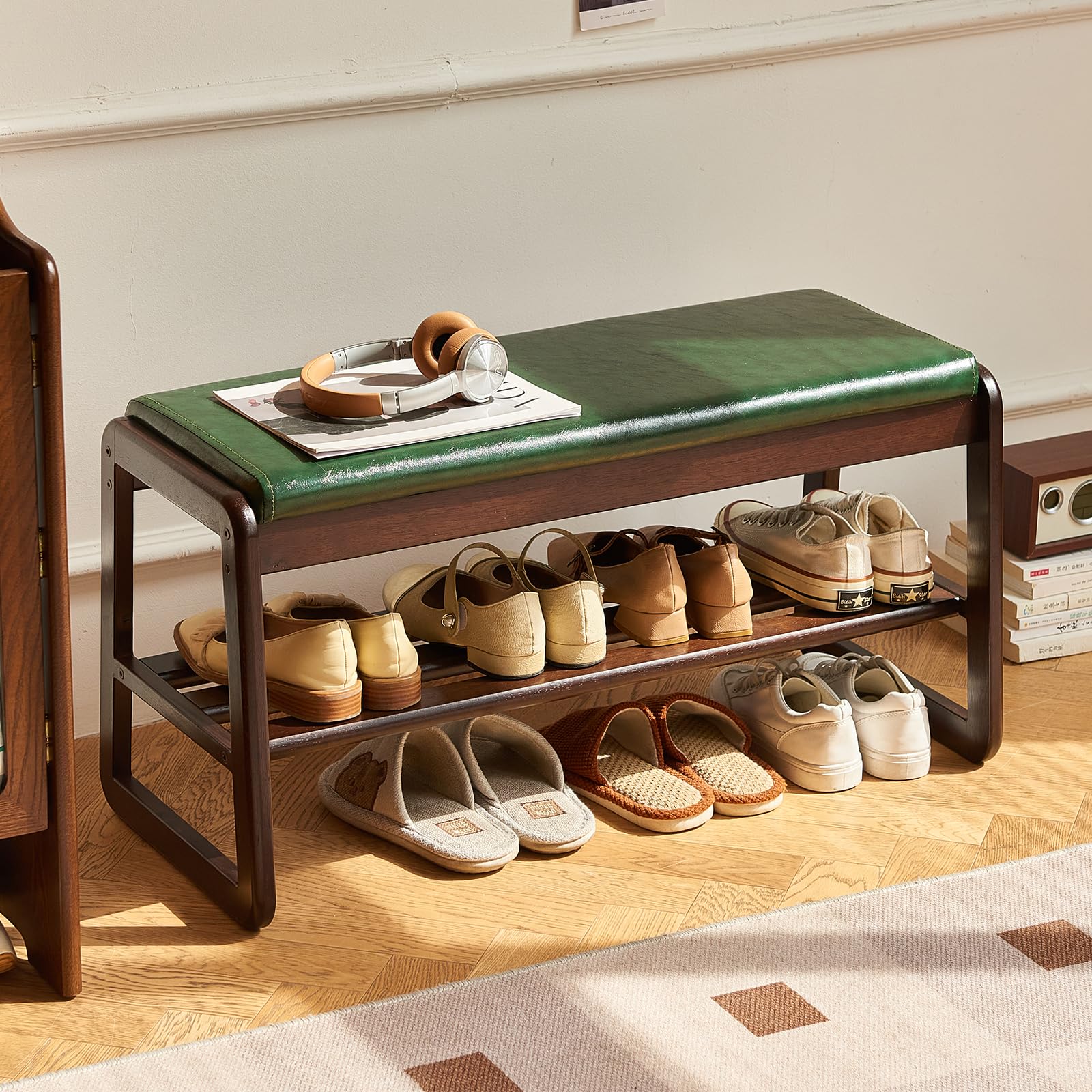 Photo 1 of Solid Wood Shoe Bench, 2-Tier Wooden Storage Entryway Bench, Mid-Century Modern Shoe Bench Rack, End of Bed Bench with Faux Leather Cushion, Ottoman Bench for Hallway, Living Room (Walnut, 39.7'')
