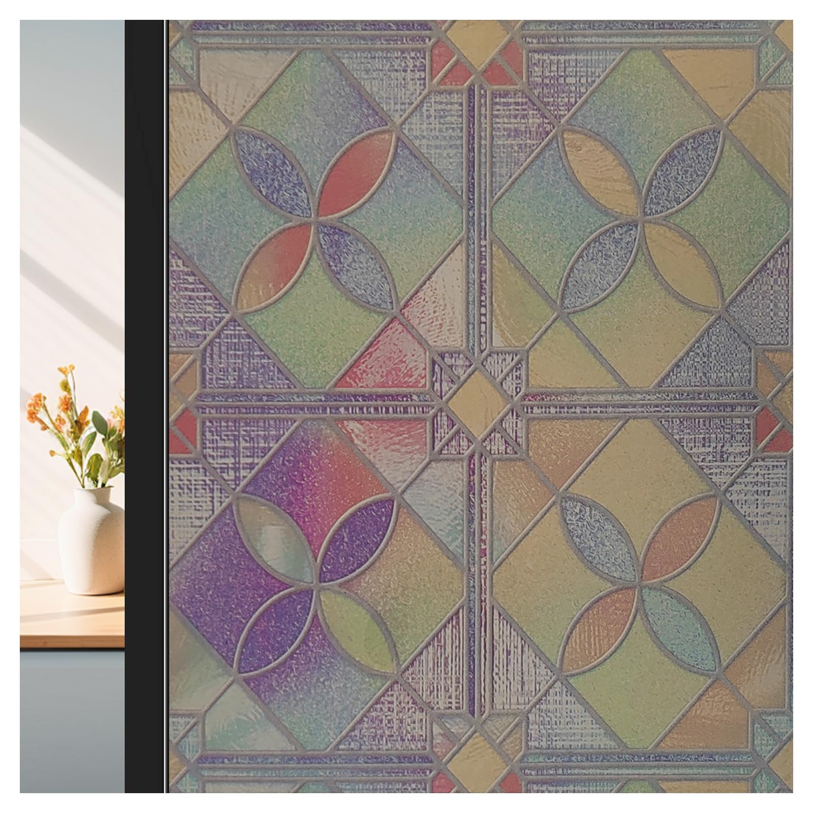 ConCus-T Vintage Stained Glass Window Film Privacy Frosted Geometric Glass Film Static Cling Window Sticker Anti UV Door Covering Vinyl for Home Office, Colorful, 90x200CM