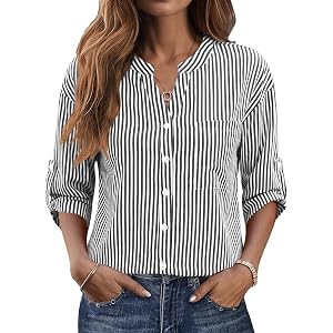 LOMON Women's Button Down Shirts 3/4 Length Sleeve Tops Casual Work Shirt with Pocket S-XXL