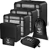 7 Set Packing Cubes for Suitcases, Travel Foldable Laundry and Shoe Bag Lightweight Luggage for Women Man (Black)