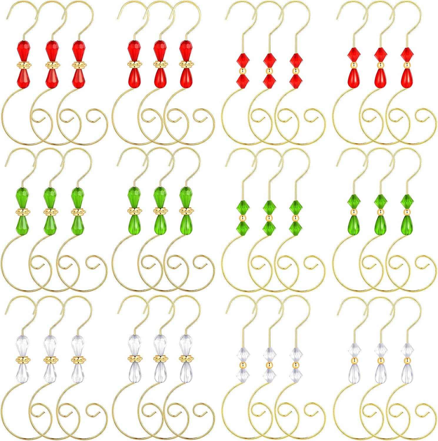 Ornament Hooks - Christmas Ornament Hook Acrylic Wire Ornament Hook Christmas Acrylic Ornament Hook for Christmas Tree Ornament Hanger, Home Decor, 4 Styles (Gold Hook, Red, Green, Transparent Bead, 36)