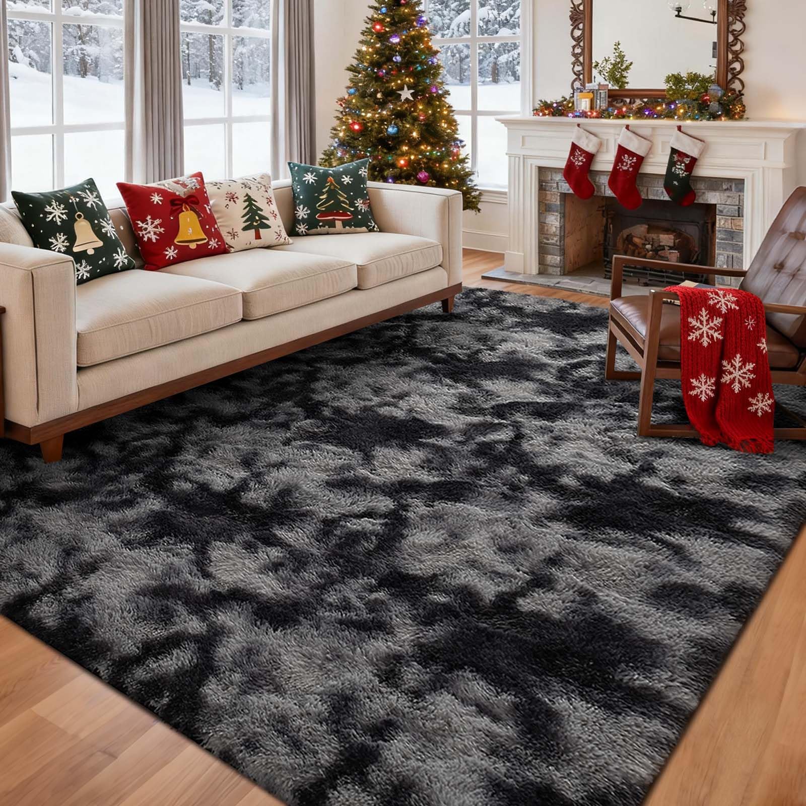 Photo 1 of 5x7 Ft Large Shag Rugs for Bedroom Living Room Decor for Men Boys, Tie Dyed Ultra Soft Fluffy Furry Area Rug for Indoor Floor, Aesthetic Carpet for Home Decor (Dark Grey)
