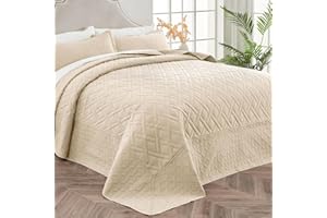 Qucover Oversized King Bedspreads 128 x 120 Beige, Soft Microfiber Ultrasonic Lightweight California King Bedspreads, 3 Piece Geometric Diamond Pattern Cal King Quiltss, with 2 Pillow Shams, Beige