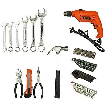 BLACK+DECKER HD565K Power and Hand Tool Kit with 550W,13mm Variable Speed Dual Mode Drill (42 Tools)--Ideal for Home repairs,Plumbing,Carpentry and Electrical Repairs