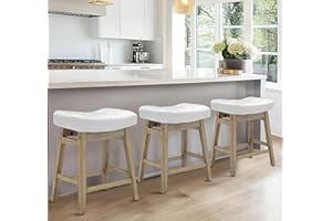RNKSFX White Bar Stools Set of 3 for Kitchen Counter Island Counter Height Farmhouse Modern Barstools with Faux Leather Upholstered Backless Seat and Solid Wood Legs 24 inch Bar Chairs
