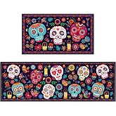 Yoyuspy Mexican Skull Kitchen Rug, Colorful Kitchen Mat Non Slip | Washable Skull Kitchen Rugs for Floor Set of 2, Size of 28×16, 47×16Inch, Mexican Gothic Skull Home Decorations