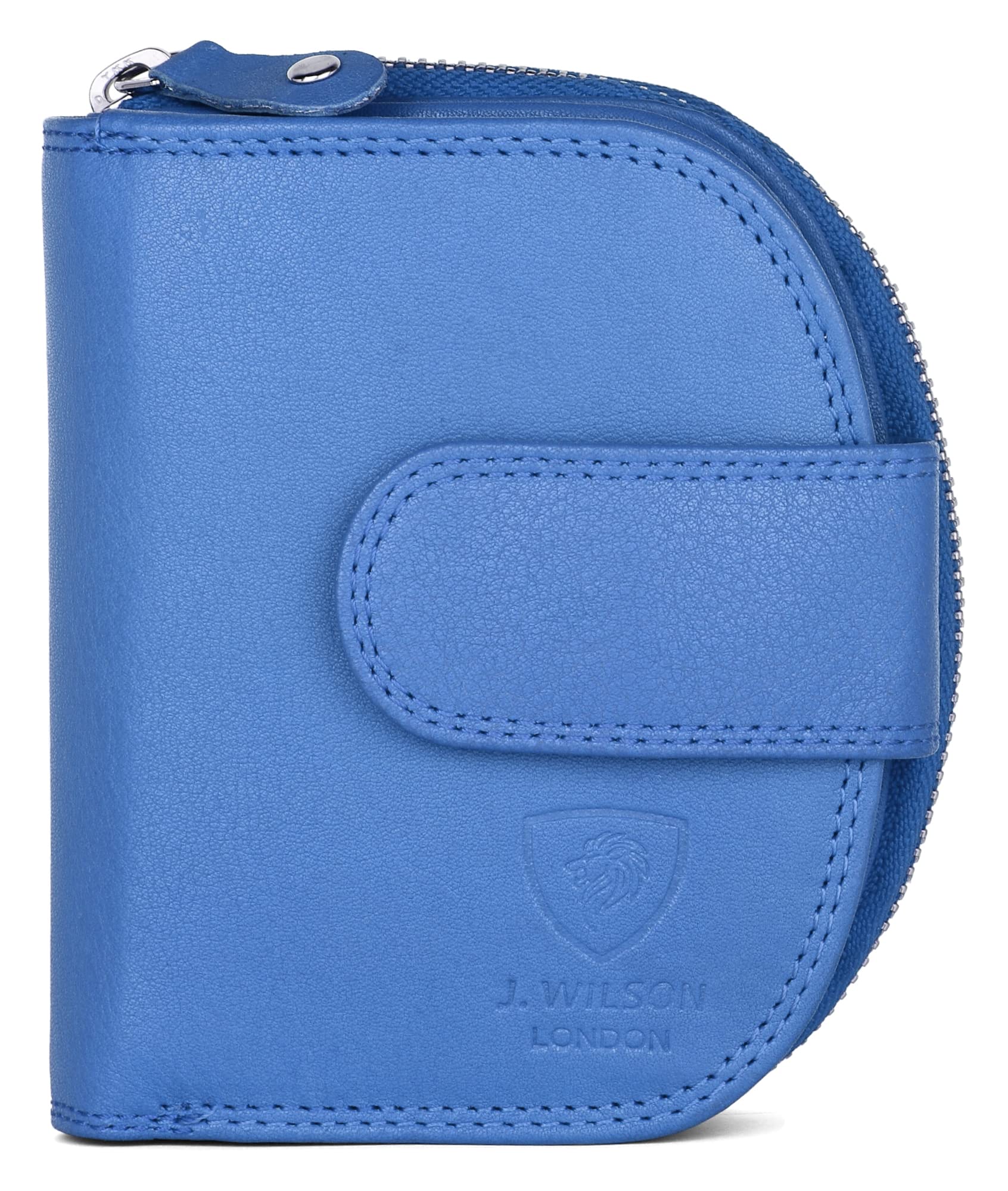 J. Wilson London Ladies RFID Safe Designer Leather Purse Card Women Wallet Zip Pocket Boxed (Light Blue)