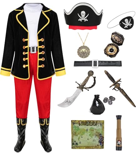 Funidelia Disfraz De Capitán Pirata Para Niño – Incluye Chaqueta, Pantalón Corto, Sombrero Y Hebillas, Talla 7-9 Años, Rojo