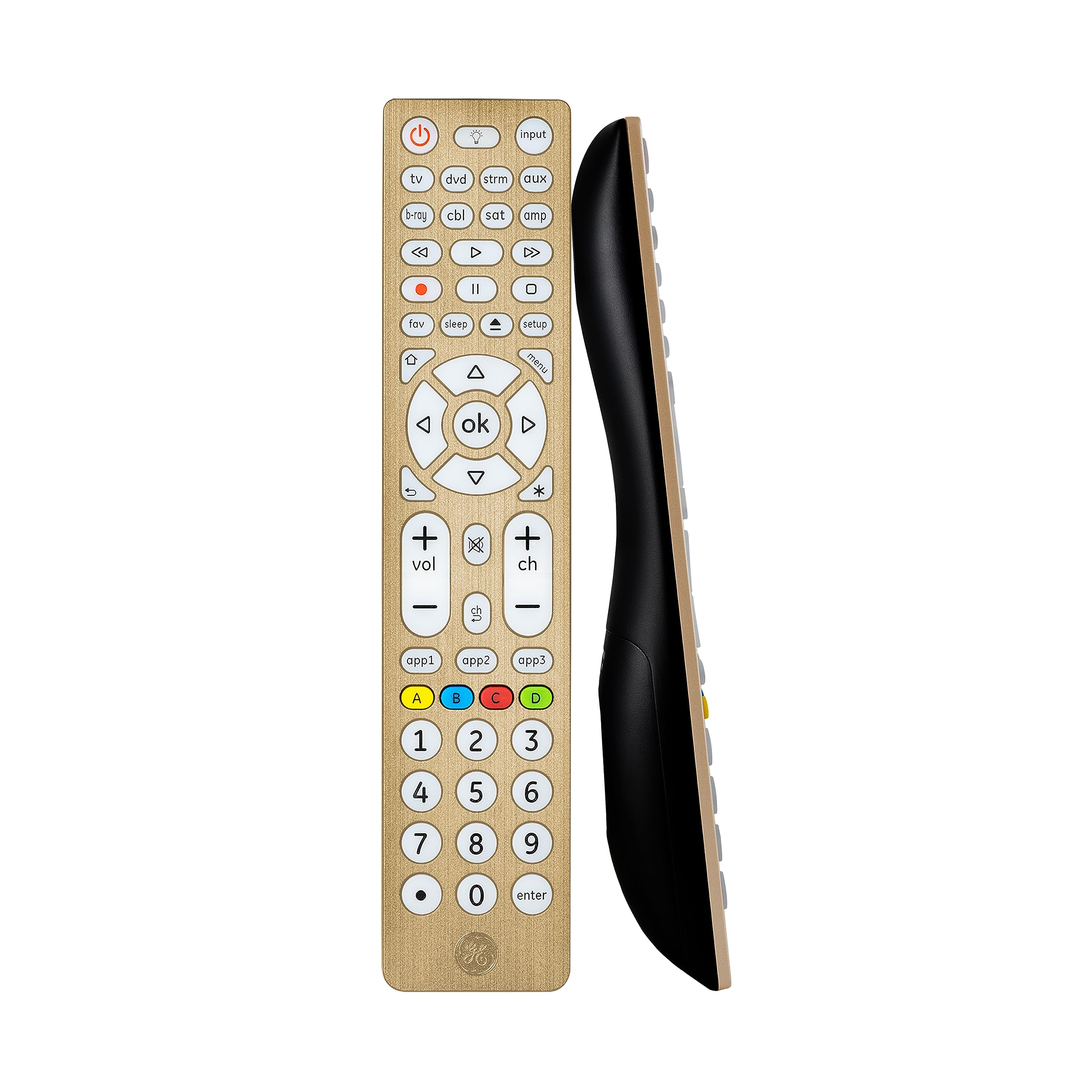 GE Universal Remote Control, Universal TV Remote for Roku TV, Samsung, Vizio, LG, Sony, Sharp, Roku, Apple TV, TCL, Panasonic, Smart TVs, Streaming Players, Blu-ray, DVD, 4-Device, Gold, 47509