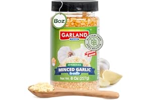 GARLAND FOOD SINCE 1992 Garland Food Minced Garlic in Water 8 oz – Made in the USA - Minced Garlic in Jar for Fresh Flavor, Time-Saving Prep, and Versatile Uses in Every Dish