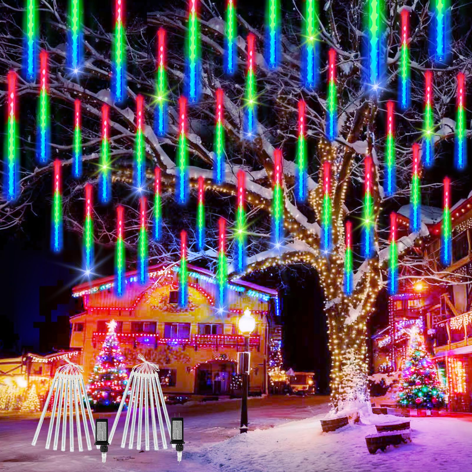 Photo 1 of 2-Pack Extendable Meteor Shower Christmas Lights Outdoor, 16 Tubes 384 LEDs Waterproof Falling Rain String Light, Christmas String Lights Outdoor for Tree Garden Patio Holiday Decorations (Multicolor)