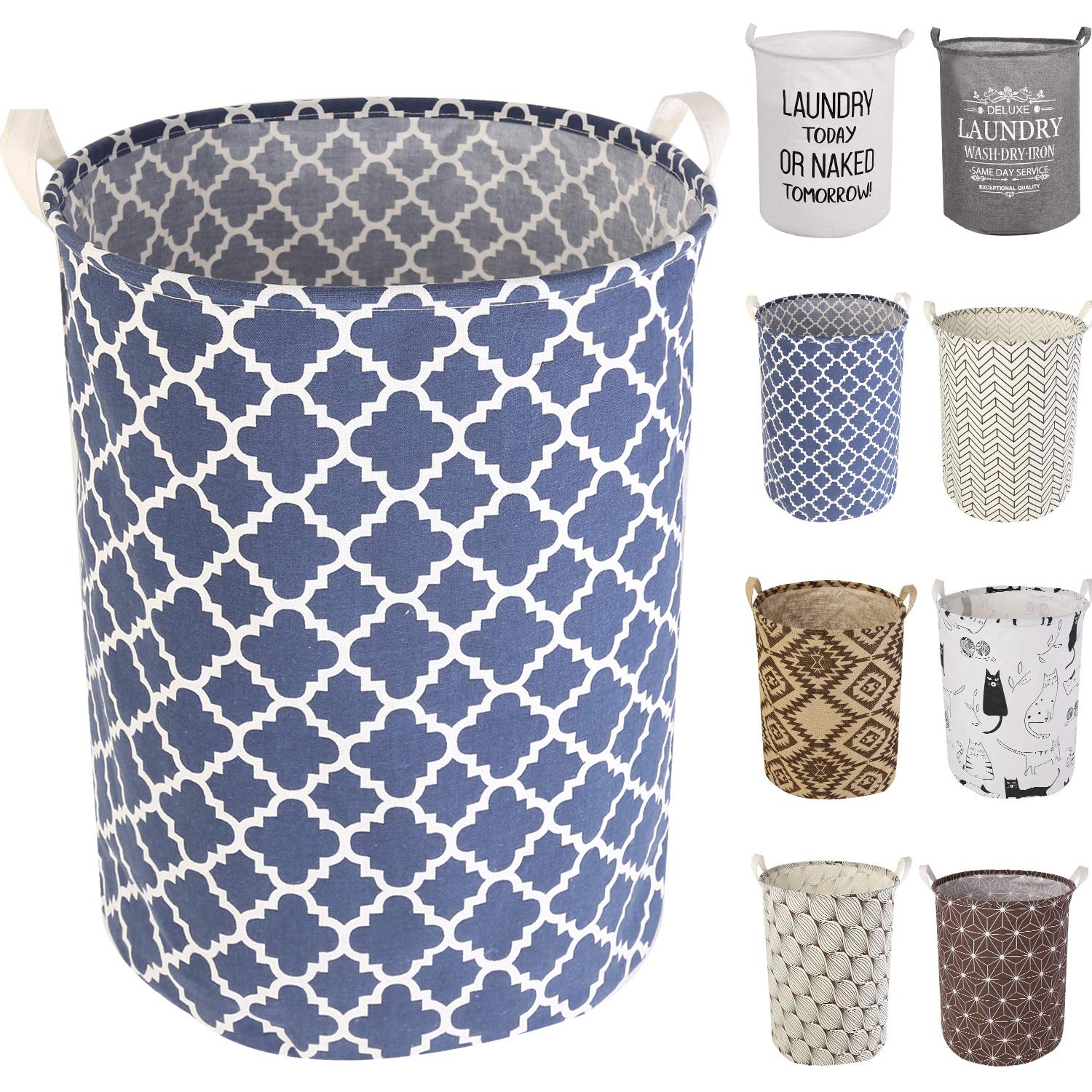 LessMo 17.7" Laundry Hamper, Collapsible Storage Basket With Easy Carry Handles, Waterproof Round Cotton Linen, for Baby Products, Toys, Bedroom Hamper