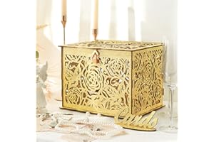 CYAOOI Glittery Gold Wedding Card Box with Lock, Wooden Gift Card Box for Wedding Reception, Elegant Wedding Money Envelope Card Box Holder for Party Graduation Birthday Baby Shower Decorations