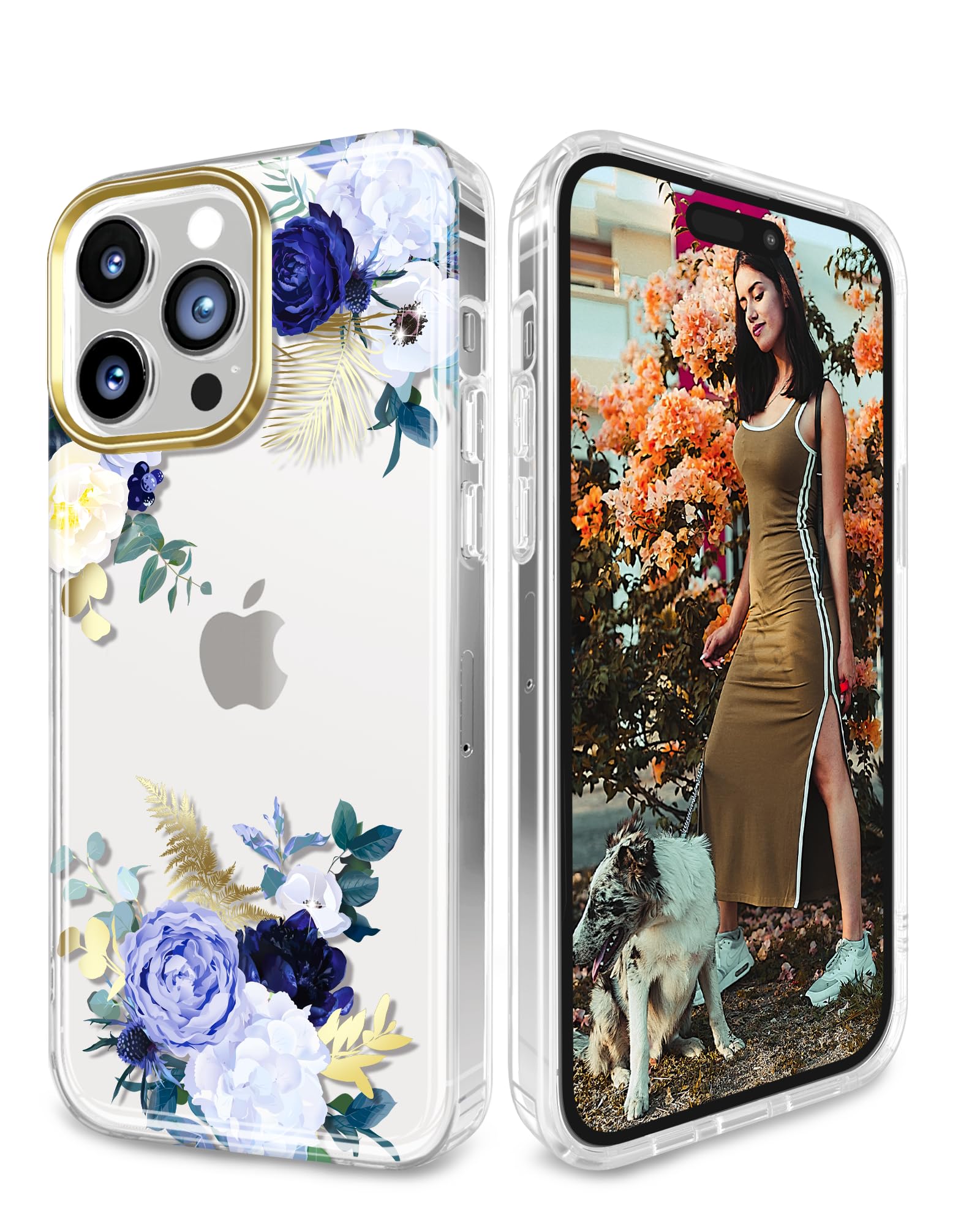 JIAXIUFEN Designed for iPhone 14 Pro Max Case with Screen Protector + Camera Lens Protector Glitter Plated Flower Shockproof Clear Floral Protective Women Girl Phone Cover, Purple Blue — image 1