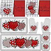 VitalCozy Set of 10 Valentine's Day Kitchen Towels Heart Kitchen Mats Oven Mitts and Pot Holders Set Absorbent Red Tea Hand Towels Valentine's Day Decorative Towel for Baking Cooking BBQ