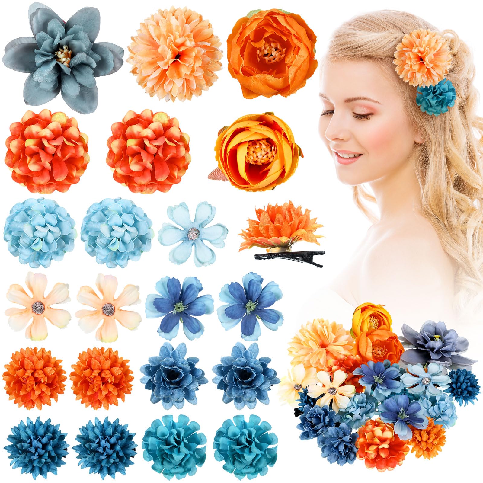 Photo 1 of BBTO 21 Pcs Flower Hair Clip Rose Hair Clips Barrettes for Women Flower Accessories Boho Bride Claw Clip Hairpin Brooch Pin Headpiece for Wedding(Orange Blue Series)