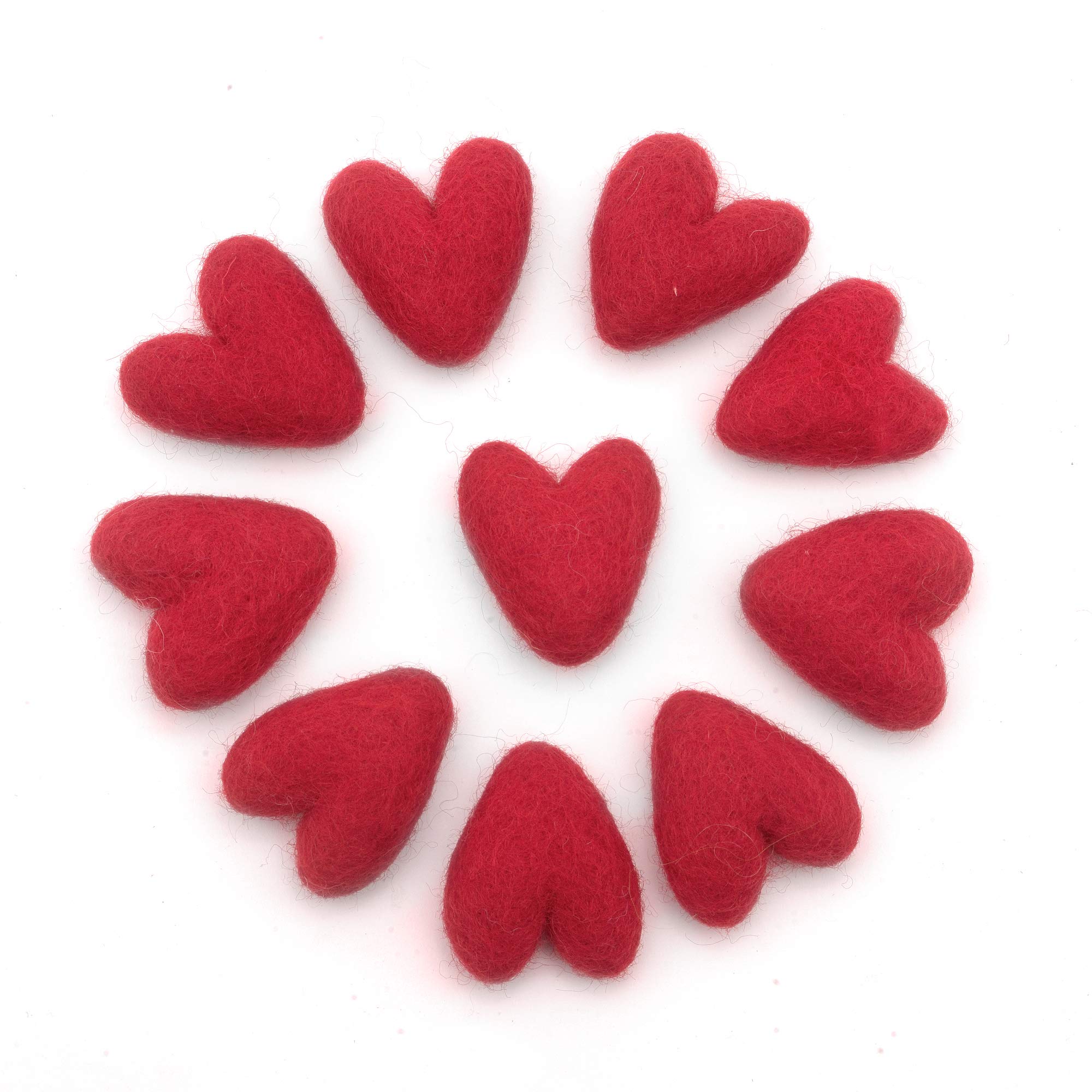 Glaciart One Red Felted Hearts - 1.5” (10 Pcs) - Needle Felting - Needle Felting & Essential Oils Ready - Handmade in Nepal Using 100% Natural New Zealand Wool, for Art Projects & Valentines Decor