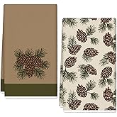 JarThenaAMCS Christmas Kitchen Towels 18 x 28 Inch Vintage Pine Cone Dish Towel Absorbent Hand Drying Tea Towel for Xmas Winter Cooking Baking, 2Pcs