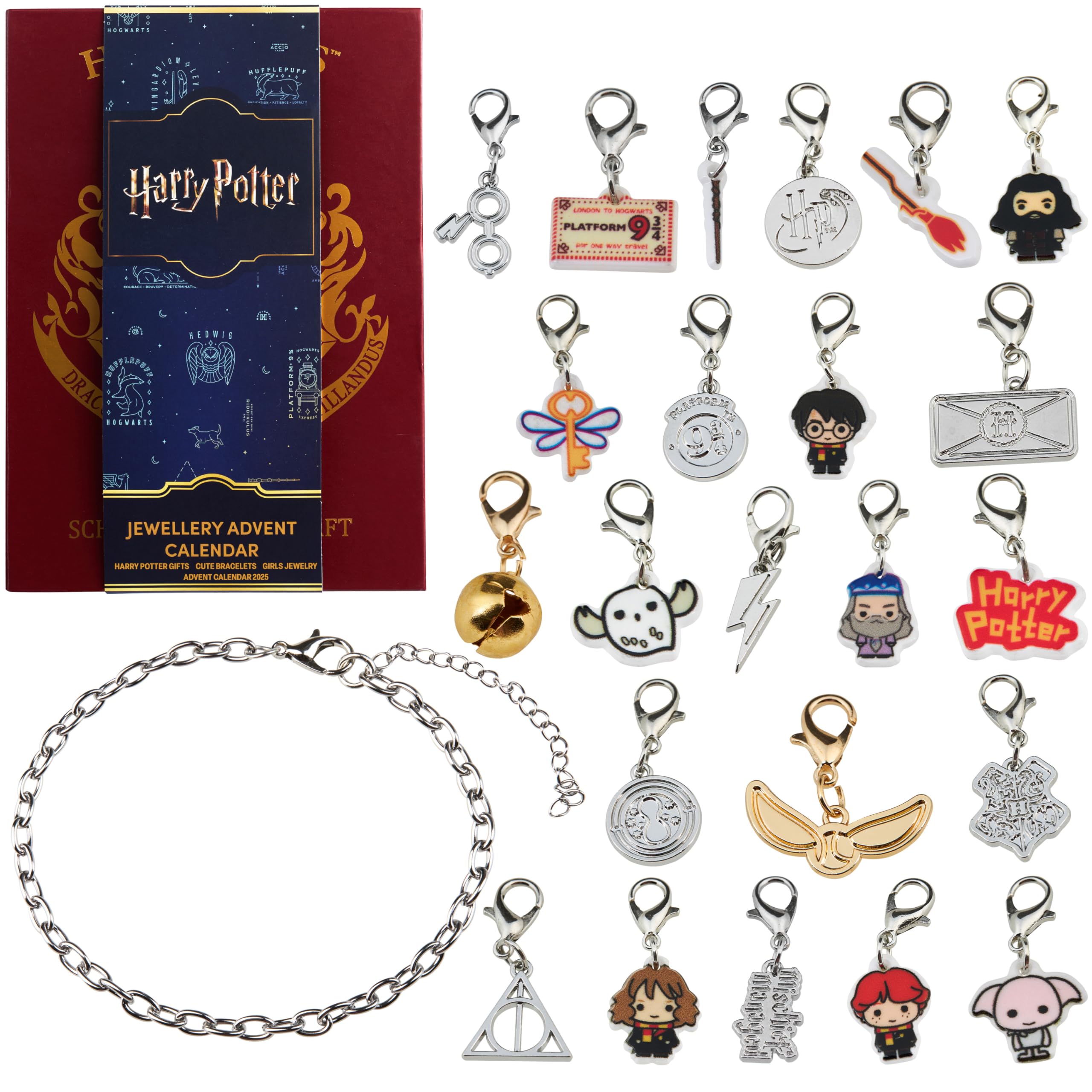 Harry Potter Advent Calendar 2025 for Girls Teens, Jewellery Christmas Countdown Calendar, Bracelet & Charms, Xmas Festive Gifts for Her (Burgundy Harry Potter)