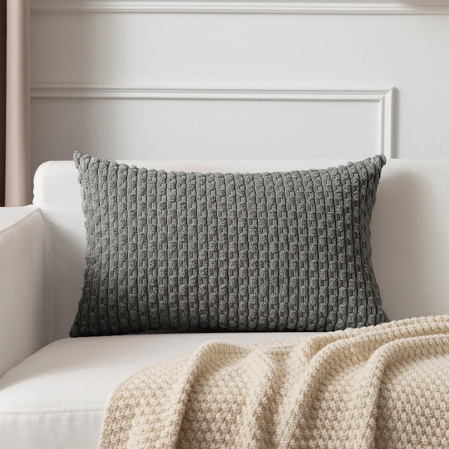 Photo 1 of Kevin Textile 14x20 Inch Pillow Cover 1 Pack Boho Decorative Soft Striped Corduroy Lumbar Farmhouse Accent Rectangle Cushion Case for Living Room Couch Sofa Bed, Dark Grey