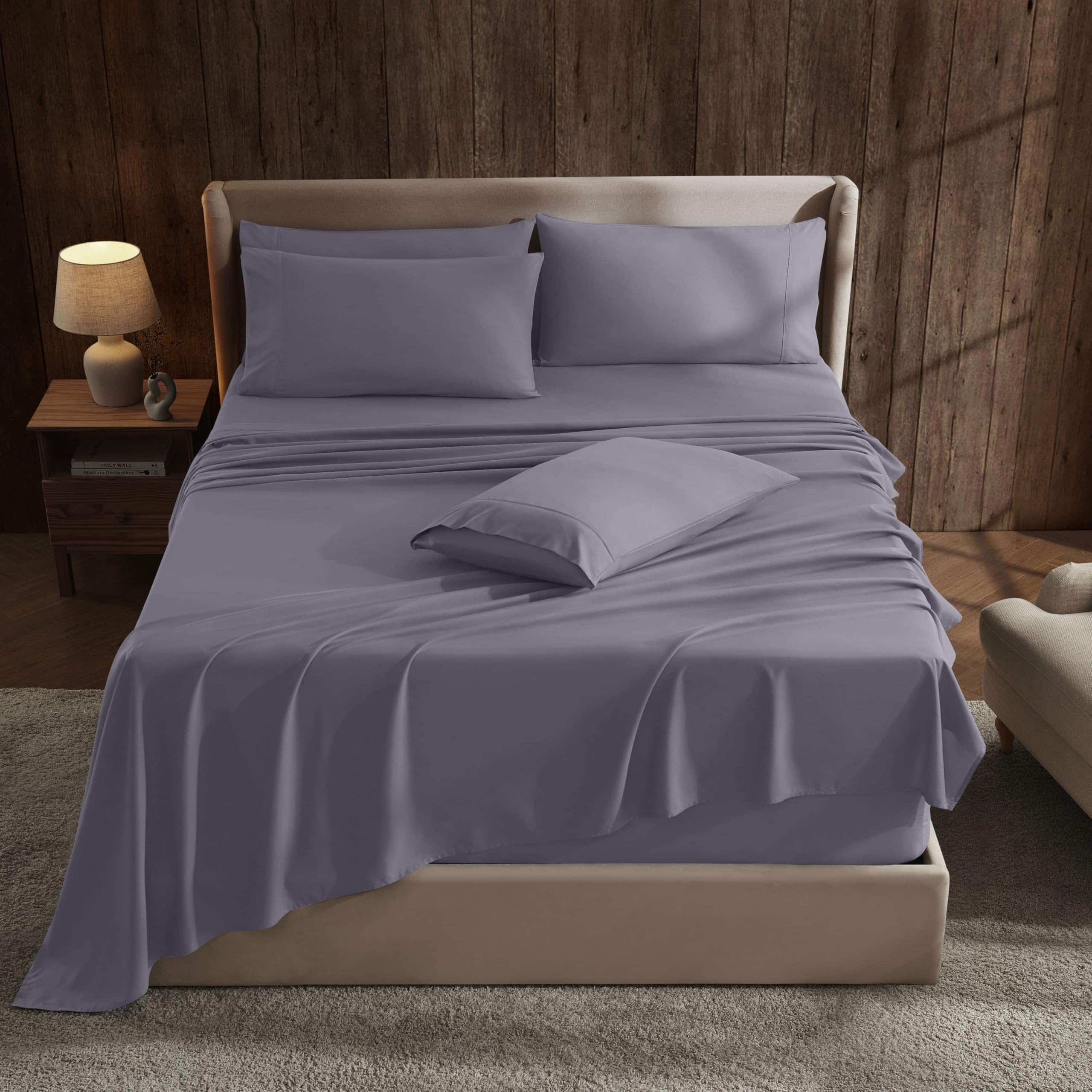 Photo 1 of Hearth & Harbor Extra Deep Pocket Sheet Sets, Luxury Soft 6 Piece Bed Sheet Set Fits Mattress 18-24 Inches - King, Grayish Purple
